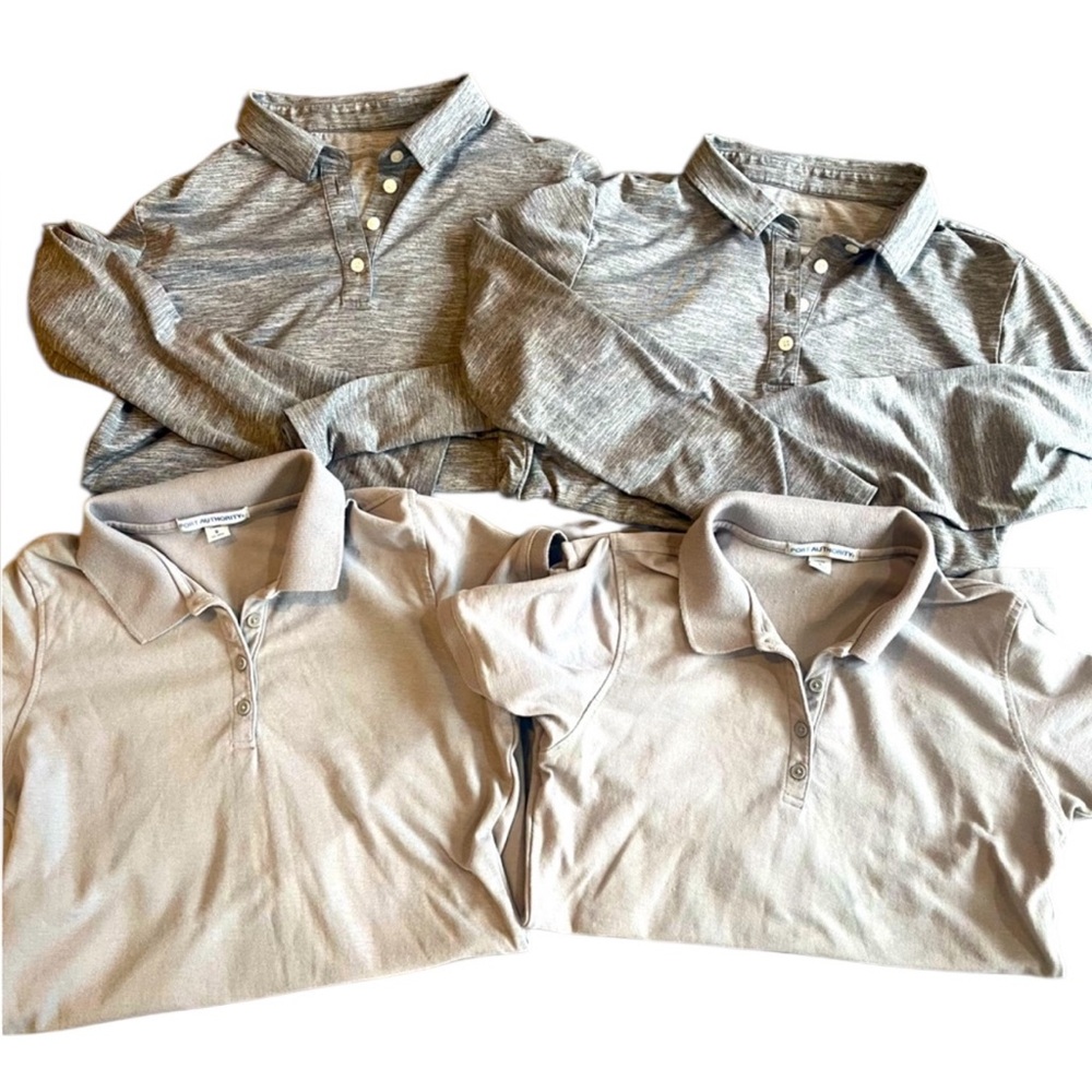 Four Gray Shirts: 2 Short Sleeve Polo Shirts / 2 Long Sleeve / Women’s Small